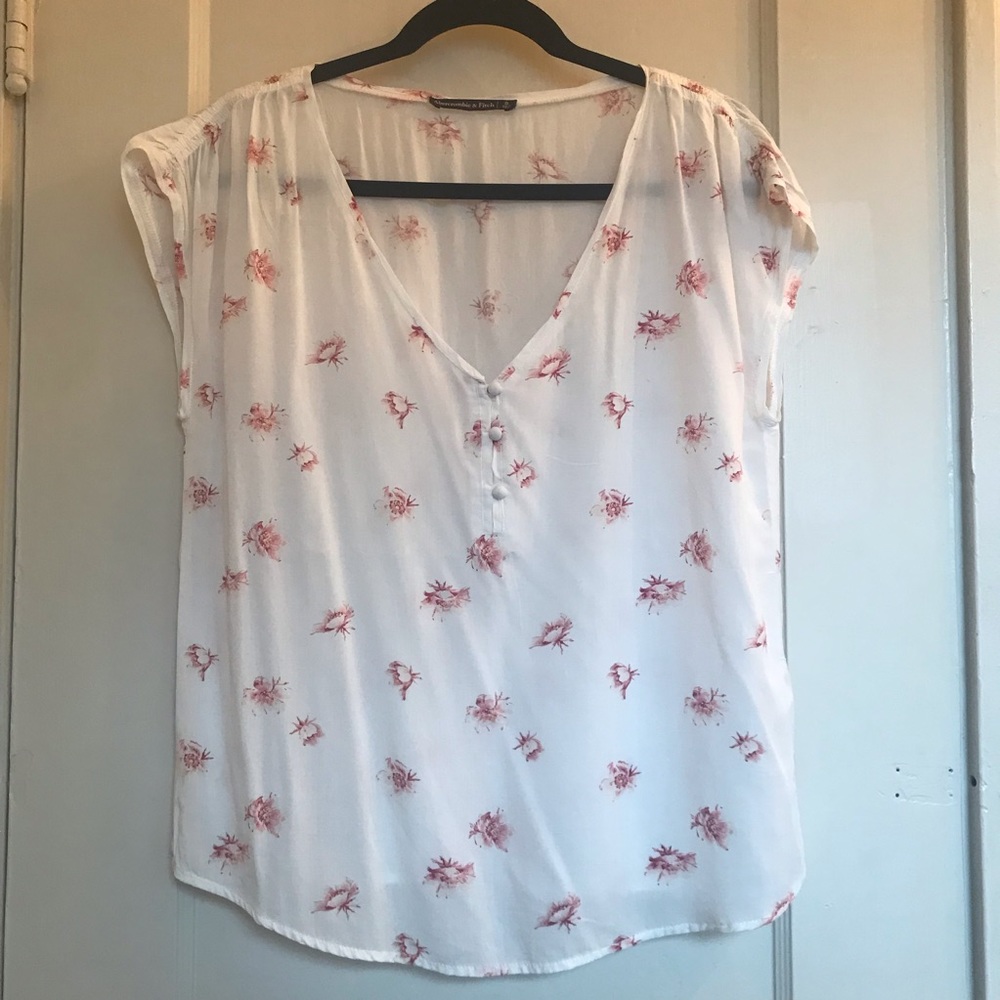 NWOT Abercrombie White and Pink Floral Button Short-Sleeve Blouse, size Small